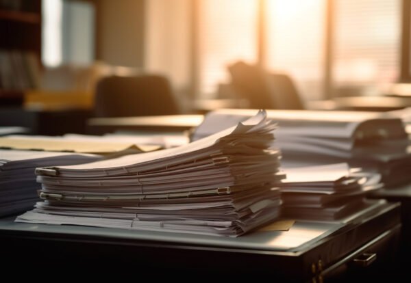 Corporate business paperwork stack on messy desk generated by AI Corporate business paperwork stack on messy desk generated by artificial intelligence