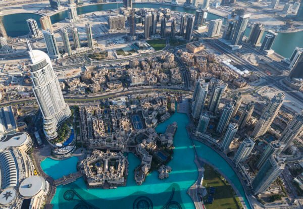Aerial view of Dubai city Aerial view of Dubai city from the top of a tower.